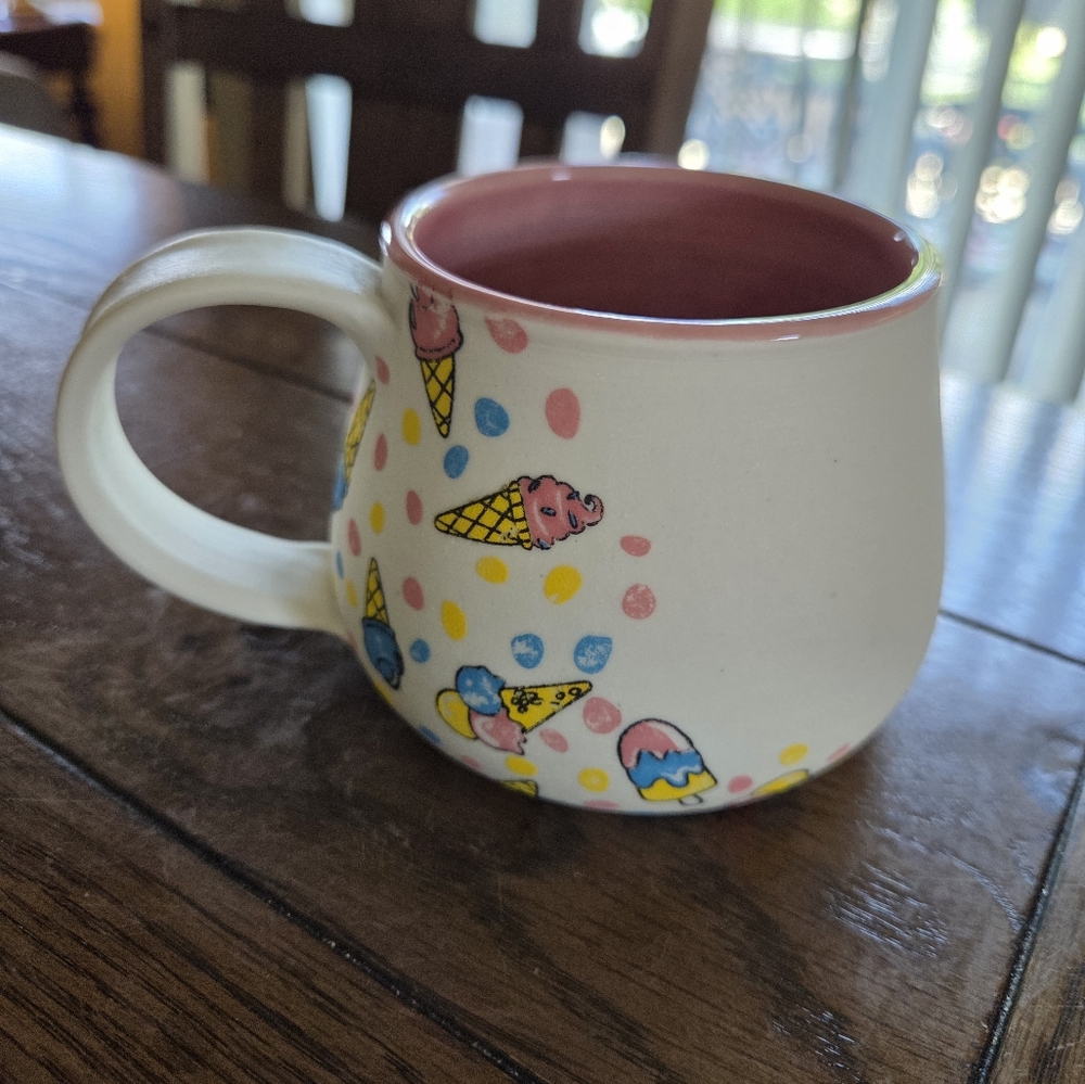Adorable 10oz Ceramic Mug With Ice Cream Cone Decor And Pink Glaze Inside.